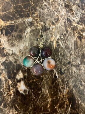 Multicolor Agate and Ocean Jasper Pentagram Pendant Necklace